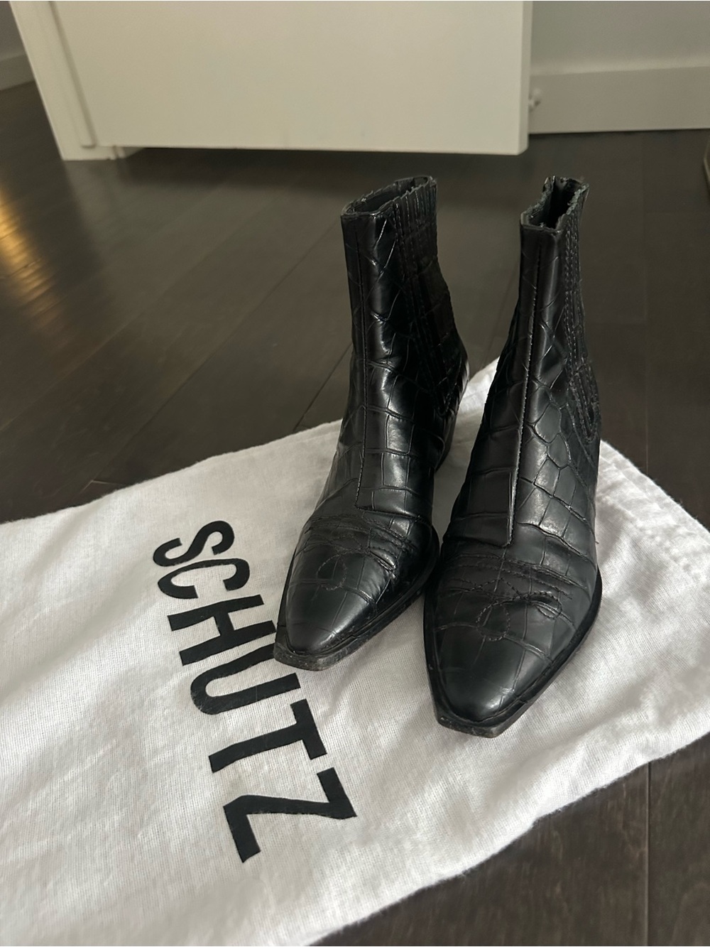 SCHUTZ Black Croc Pointed Toe Mini Booties